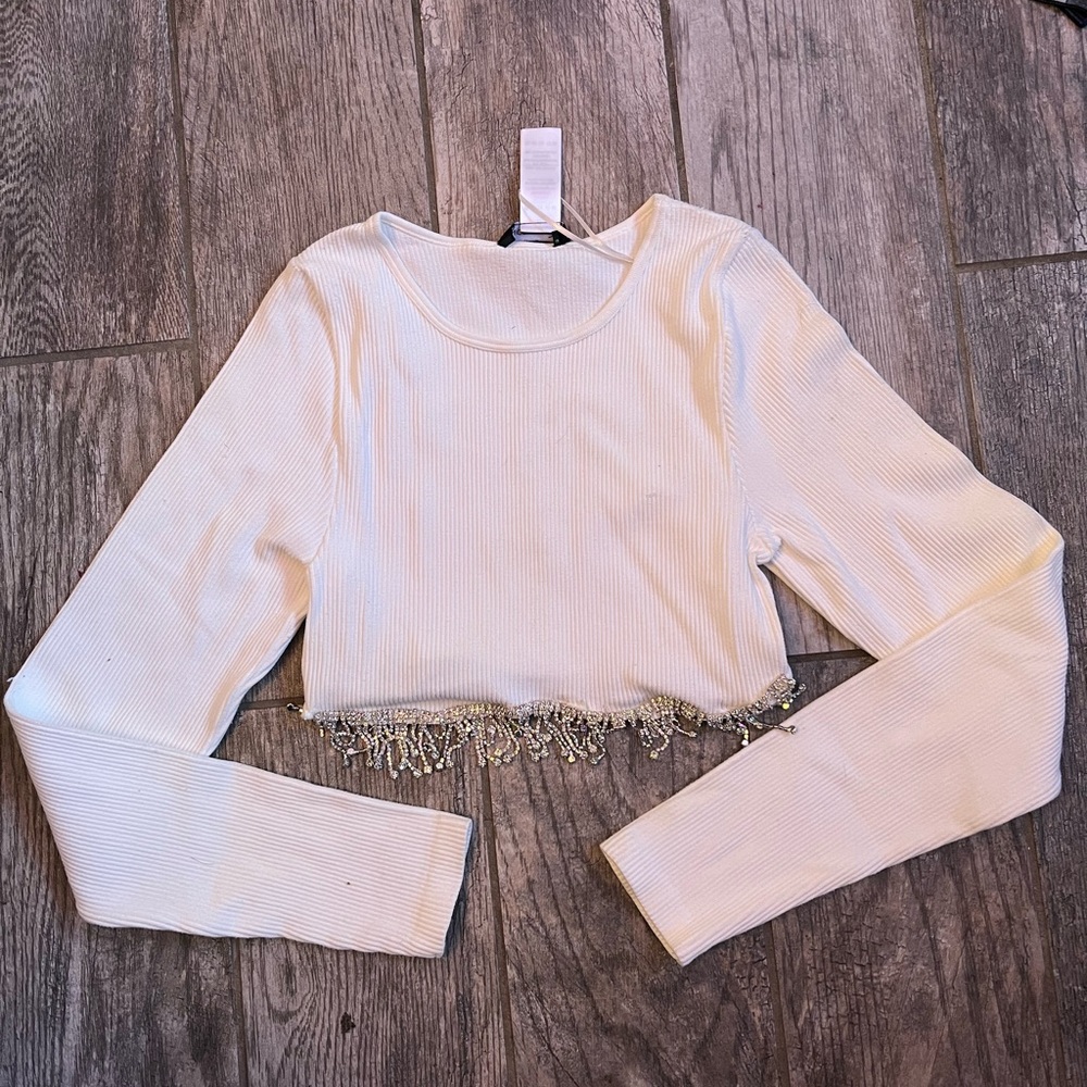 White Long Sleeve Crop Top with Beaded Hem